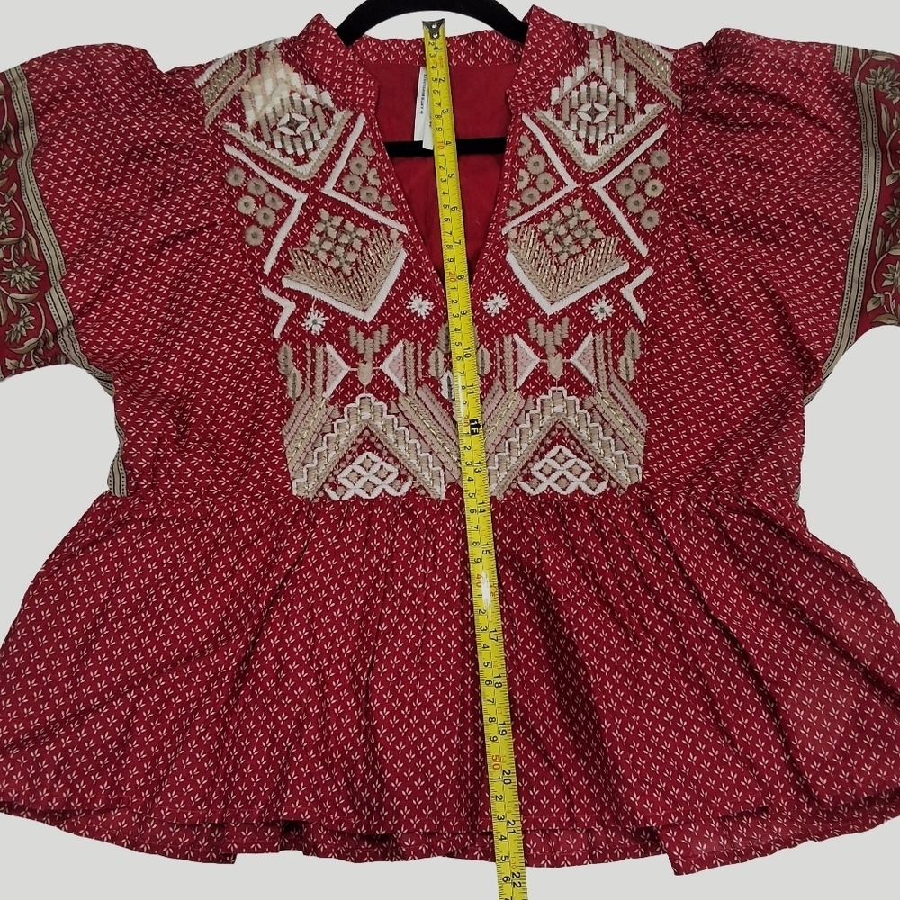 Anthropologie~Keira~Embroidered Red~ Peplum Blouse~Bohemian Boho~Hippie~ US2 UK6 - Picture 9 of 11